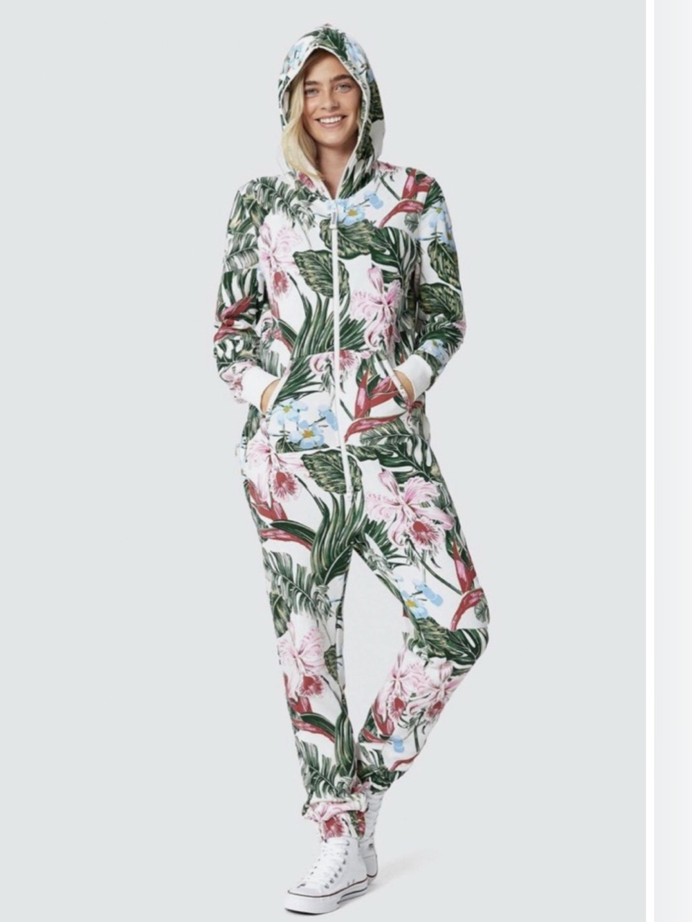 OnePiece Tropical Floral Hooded Jumpsuit - White, Pink & Green
